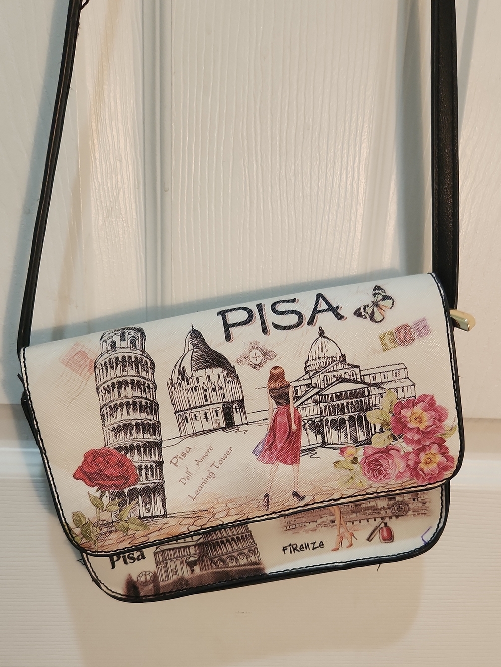 Y2K Italy Tourist Pisa Print Crossbody Bag in White with Floral Accents